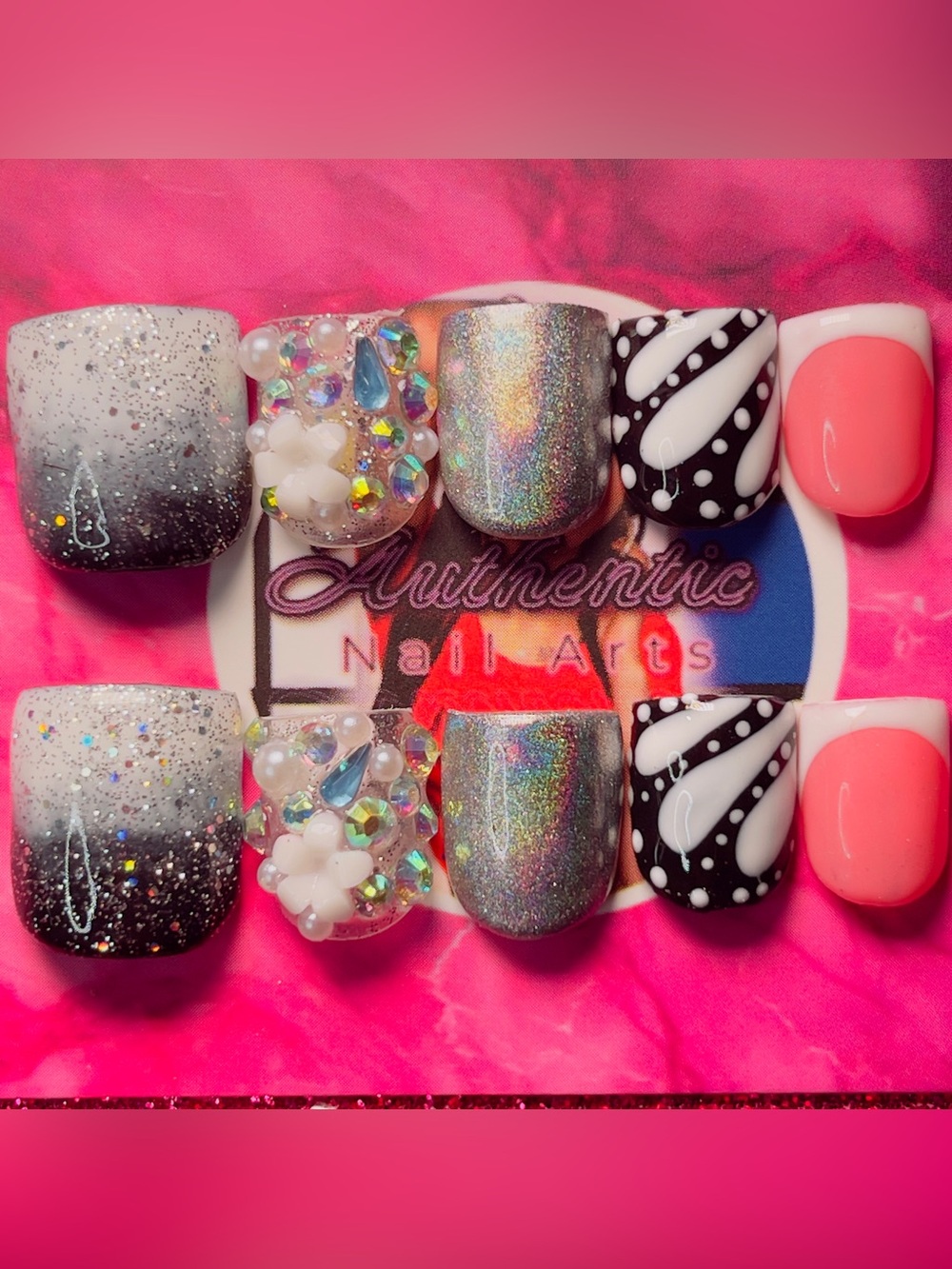 Holographic Silver & Embellished Nail Set with Black & White Accents